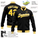 Custom Black Gold-White Bomber Full-Snap Varsity Letterman Jacket - Image 3