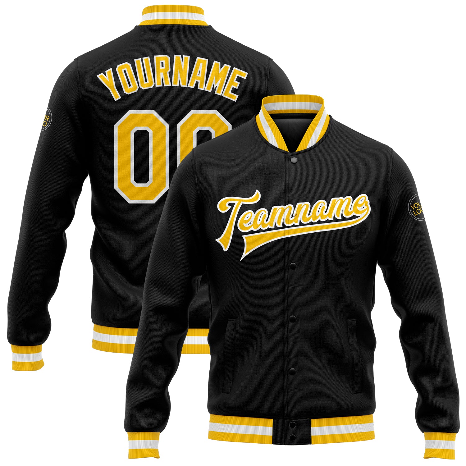 Jacket0009.jpg Custom Black Gold-White Bomber Full-Snap Varsity Letterman Jacket - Image 1