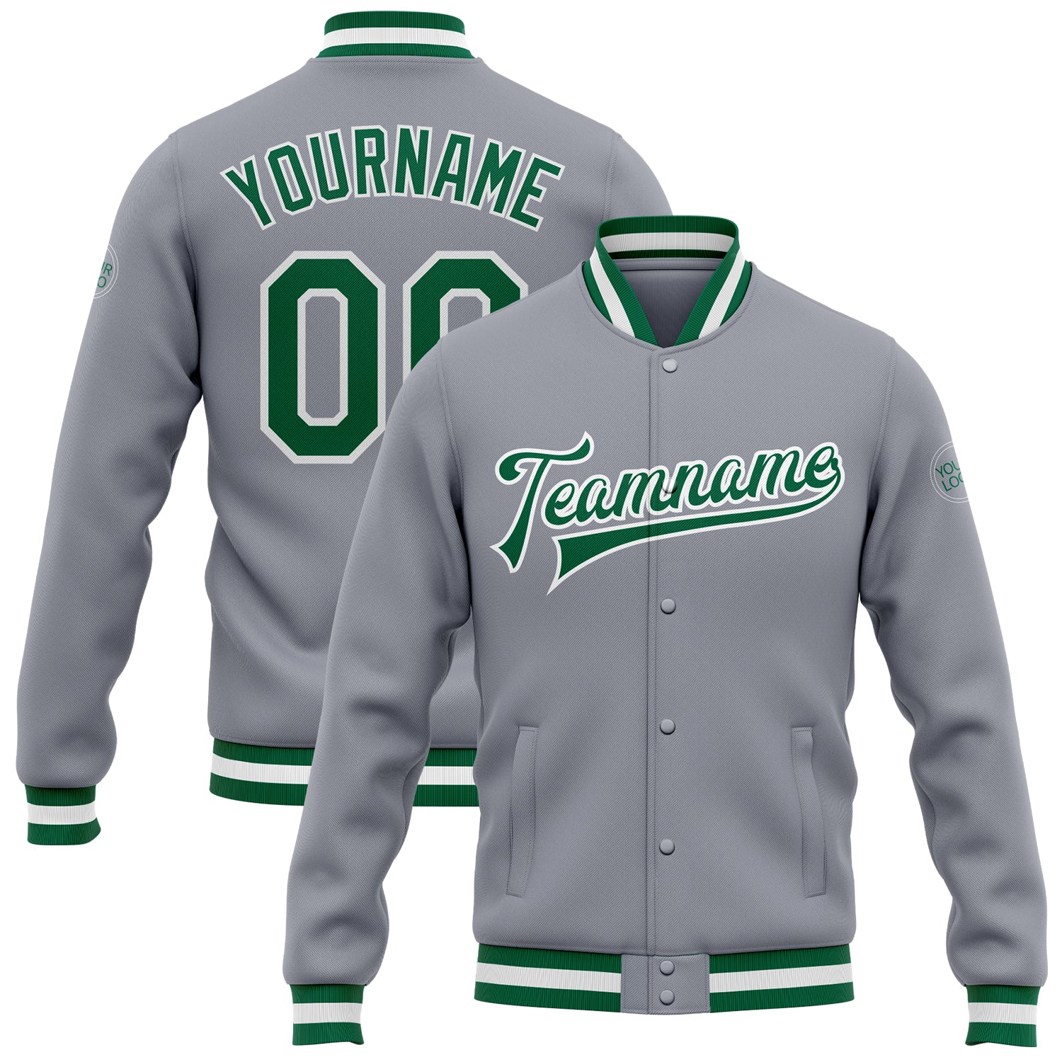 Jacket0073.jpg Custom Gray Kelly Green-White Bomber Full-Snap Varsity Letterman Jacket - Image 1