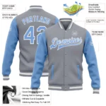 Custom Gray Light Blue-White Bomber Full-Snap Varsity Letterman Two Tone Jacket - Image 3