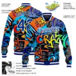 Custom Graffiti Pattern Royal-White Geometric 3D Bomber Full-Snap Varsity Letterman Jacket - Image 3