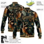Custom Black Black-Old Gold Tiger And Peacock 3D Pattern Design Bomber Full-Snap Varsity Letterman Jacket - Image 3