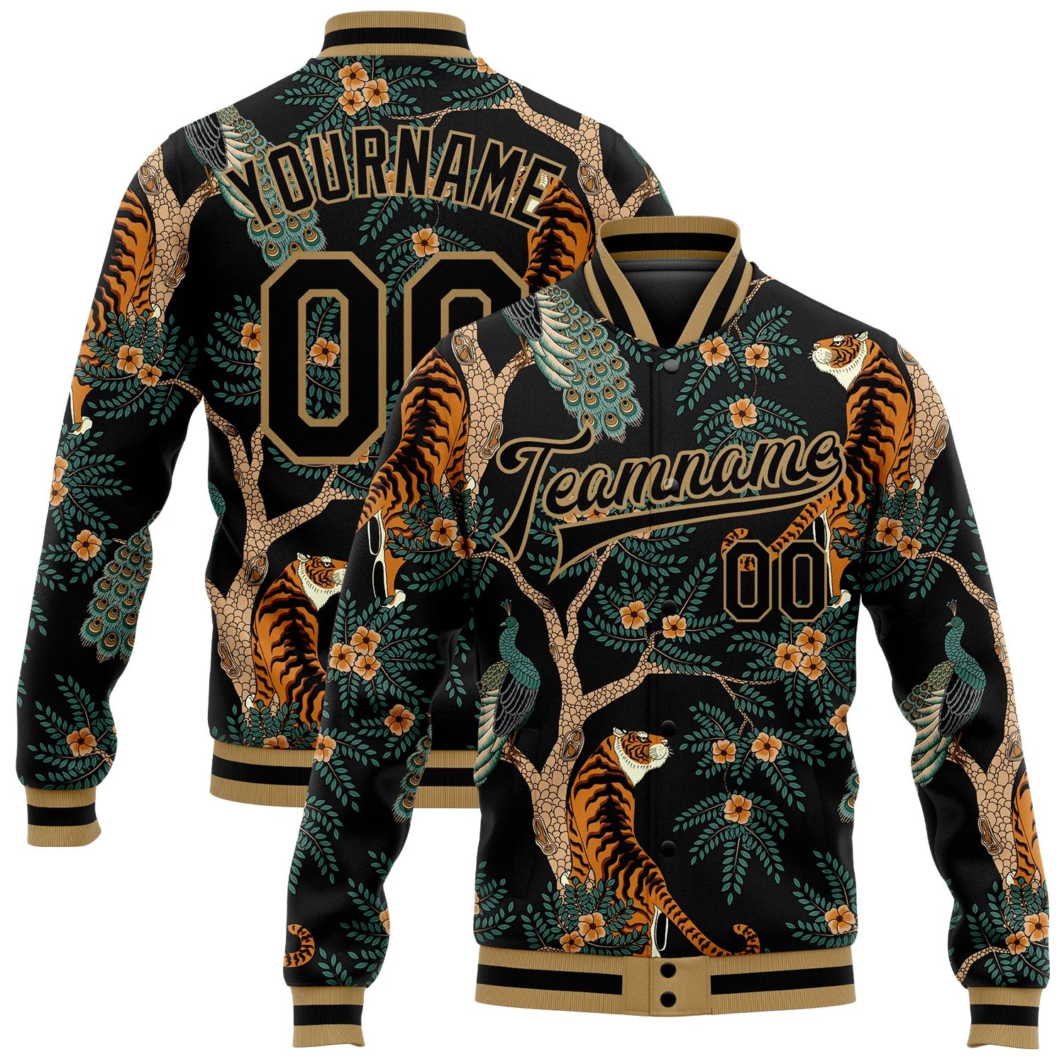 Jacket0361_497b5008-8016-492a-a380-1190e0ece5b4.webp Custom Black Black-Old Gold Tiger And Peacock 3D Pattern Design Bomber Full-Snap Varsity Letterman Jacket - Image 1