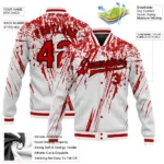Custom White Red-Black 3D Pattern Design Bomber Full-Snap Varsity Letterman Jacket - Image 3
