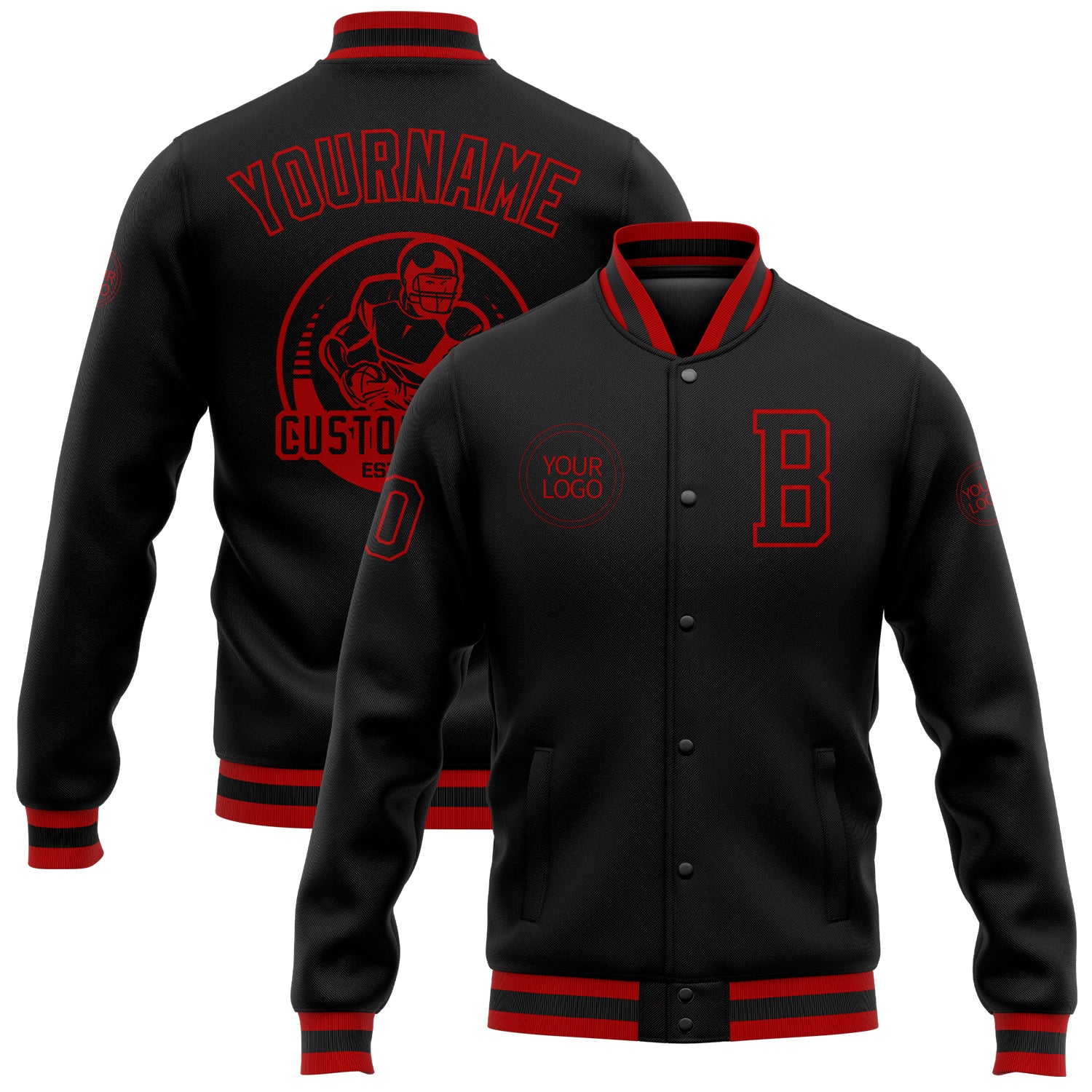 Jacket0528.jpg Custom Black Black-Red Bomber Full-Snap Varsity Letterman Jacket - Image 1