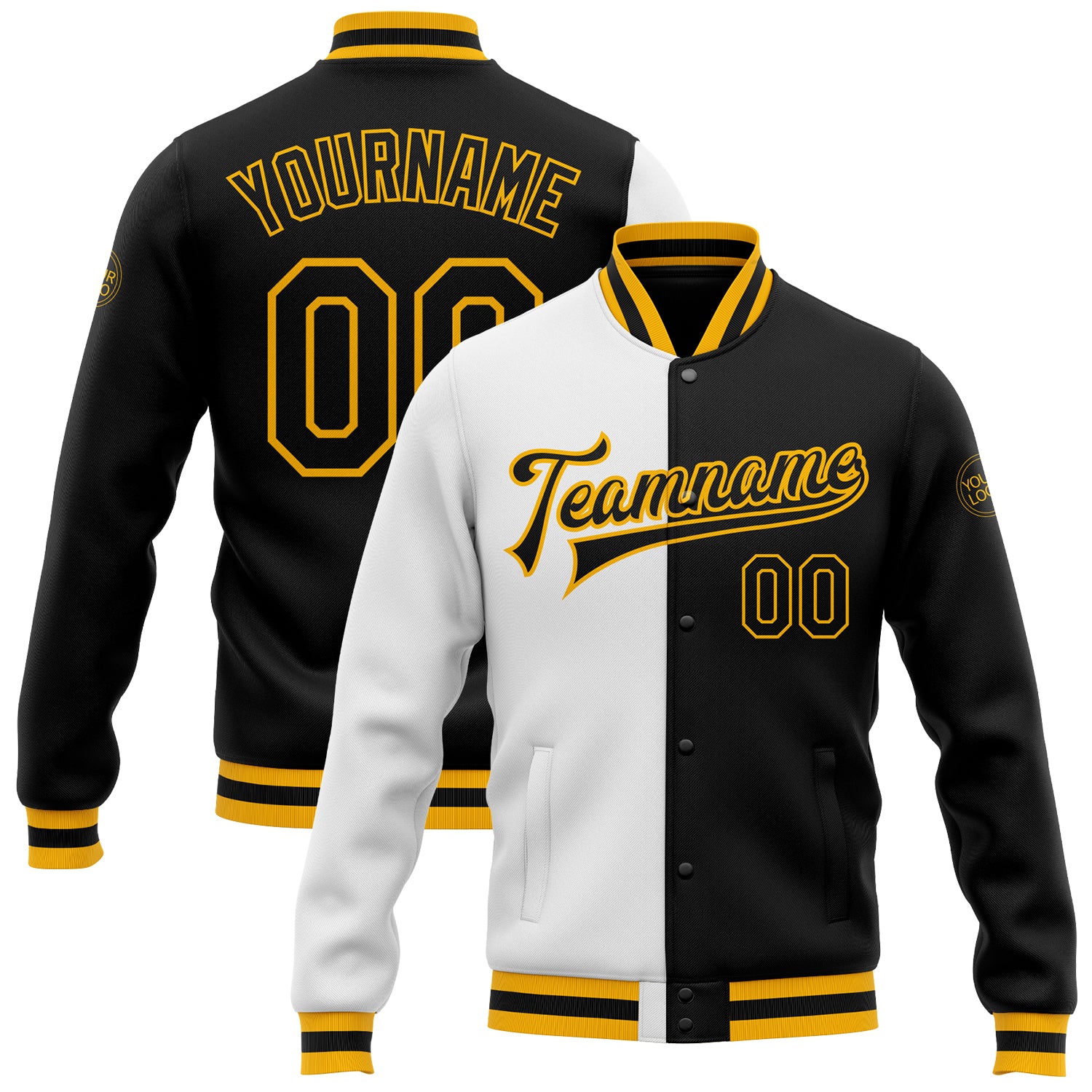 Jacket0574.jpg Custom White Black-Gold Bomber Full-Snap Varsity Letterman Split Fashion Jacket - Image 1