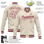 Custom Cream Cream-Maroon Bomber Full-Snap Varsity Letterman Jacket - Image 3