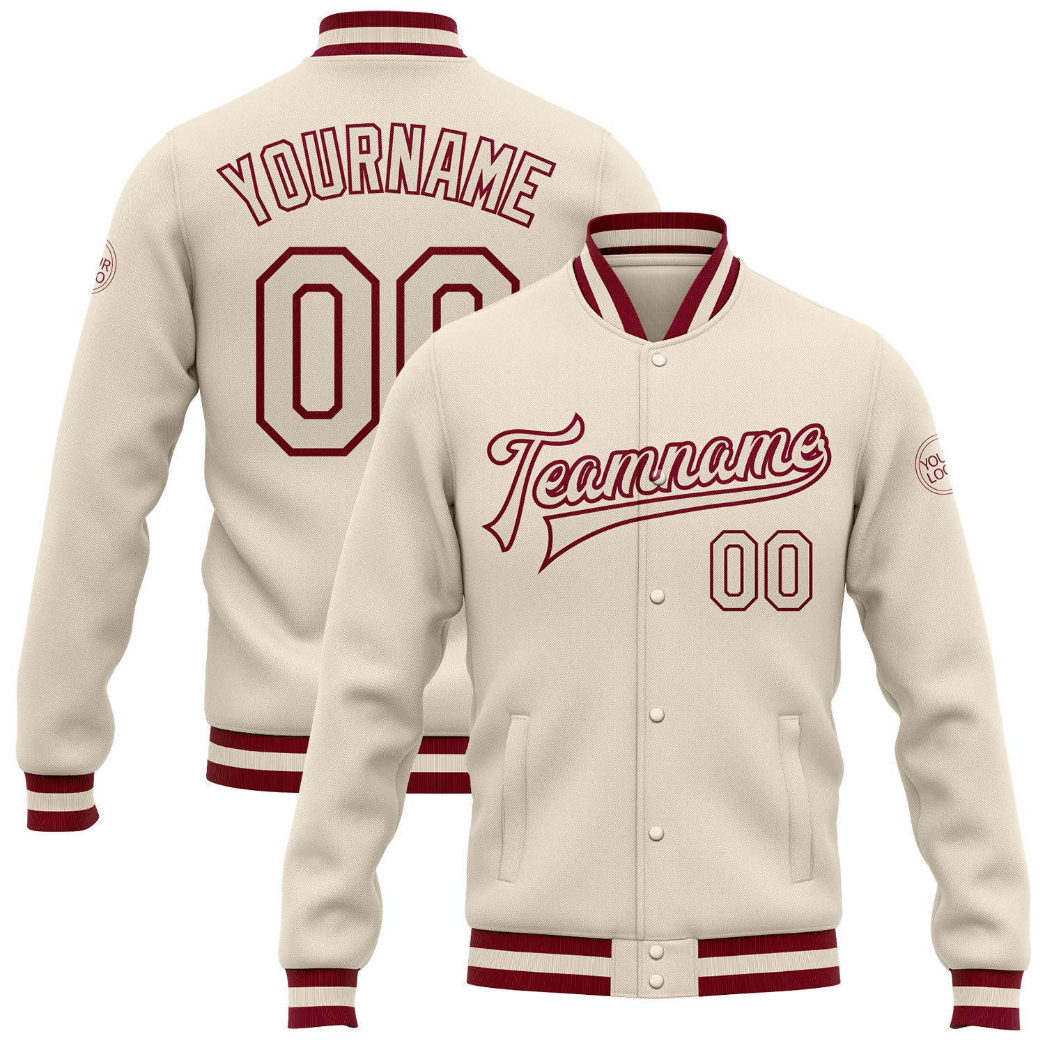 Jacket0719.jpg Custom Cream Cream-Maroon Bomber Full-Snap Varsity Letterman Jacket - Image 1