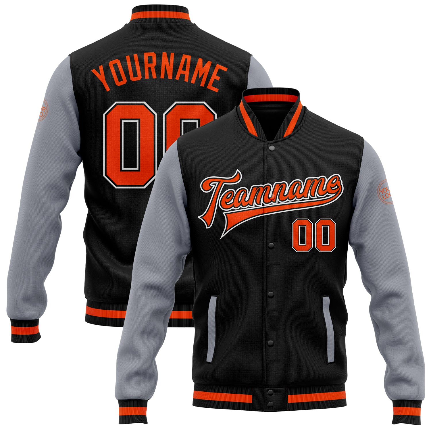 Jacket0760.jpg Custom Black Orange-Gray Bomber Full-Snap Varsity Letterman Two Tone Jacket - Image 1
