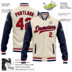 Custom Cream Red-Navy Bomber Full-Snap Varsity Letterman Two Tone Jacket - Image 3