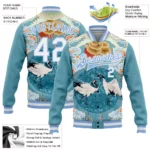 Custom Light Blue White Heron And Cloud 3D Pattern Design Bomber Full-Snap Varsity Letterman Jacket - Image 3
