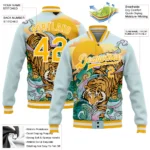 Custom Lakes Blue Gold-White Tiger 3D Pattern Design Bomber Full-Snap Varsity Letterman Jacket - Image 3