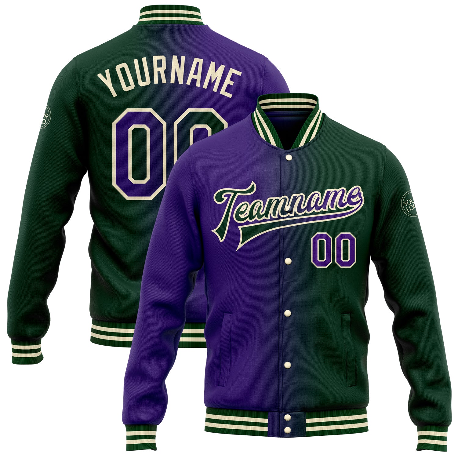 Jacket2257.jpg Custom Green Purple-Cream Bomber Full-Snap Varsity Letterman Gradient Fashion Jacket - Image 1