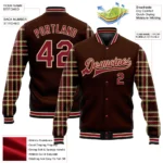 Custom Brown Crimson Vegas Gold Black-City Cream Classic Western Plaid 3D Pattern Design Bomber Full-Snap Varsity Letterman Jacket - Image 2