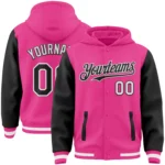 Custom Pink Black-White Bomber Full-Snap Varsity Letterman Two Tone Hoodie Jacket