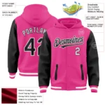 Custom Pink Black-White Bomber Full-Snap Varsity Letterman Two Tone Hoodie Jacket - Image 3