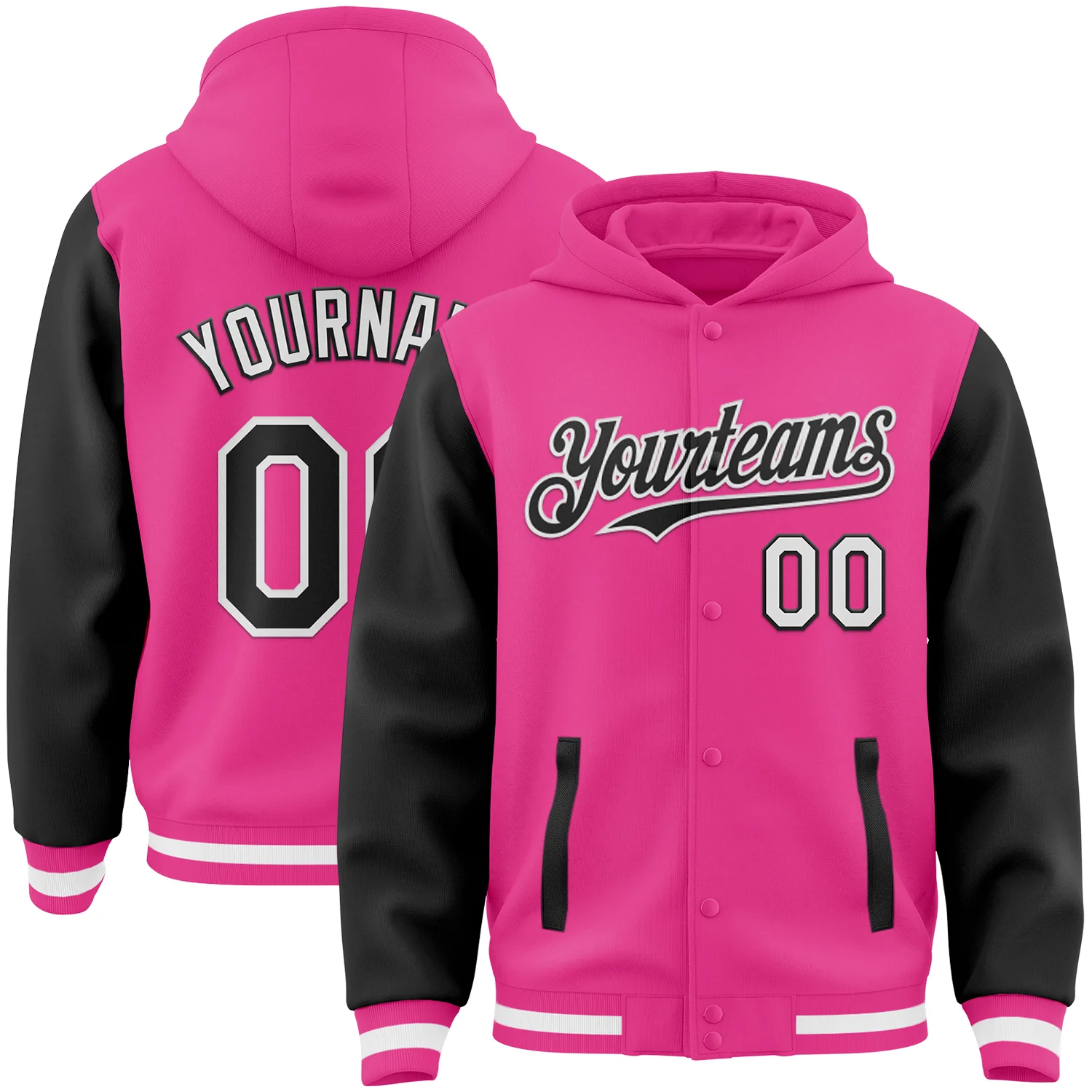 Jacket4118.webp Custom Pink Black-White Bomber Full-Snap Varsity Letterman Two Tone Hoodie Jacket - Image 1