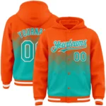 Custom Orange Aqua-White Gradient Square Shape 3D Pattern Design Bomber Full-Snap Varsity Letterman Hoodie