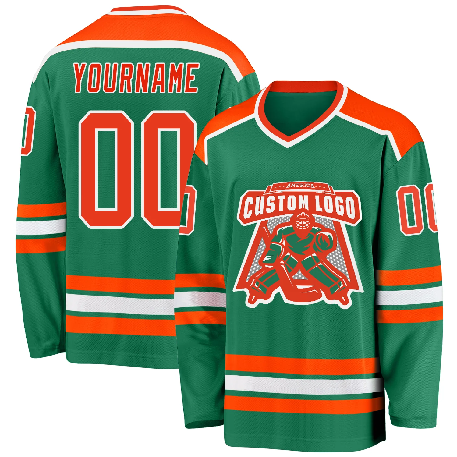 KellyGreen0284.webp Custom Kelly Green Orange-White Hockey Jersey - Image 1