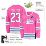 Custom Pink White-Light Blue Hockey Jersey - Image 5